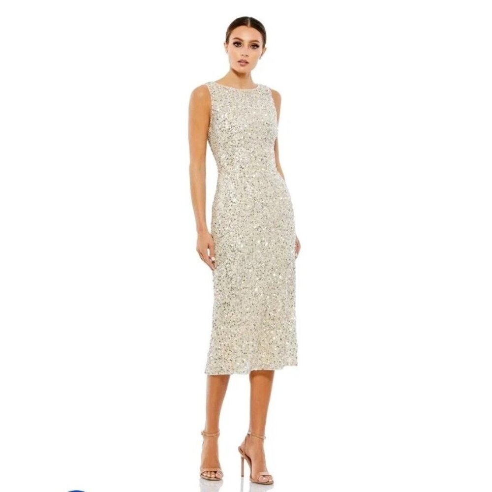 Mac Duggal 5526 Formal Silver Gold Sequin Midi Sheath Dress Womens 6 NEW